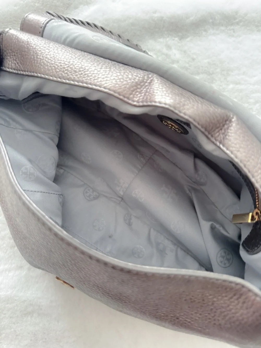 Tory Burch Marion Whipstitch Leather Saddle Bag Metallic Pewter